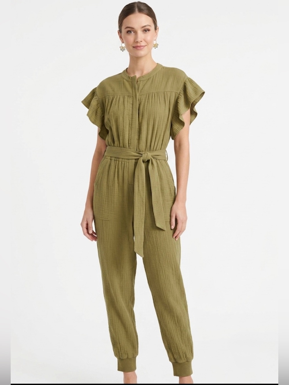 SAYLOR Olive Green Christina Cotton Gauze Flutter Sleeve Jumpsuit Belted M